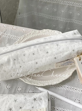 白色星星波点笔袋高颜值学生新款大容量手提便携文具收纳袋铅笔盒