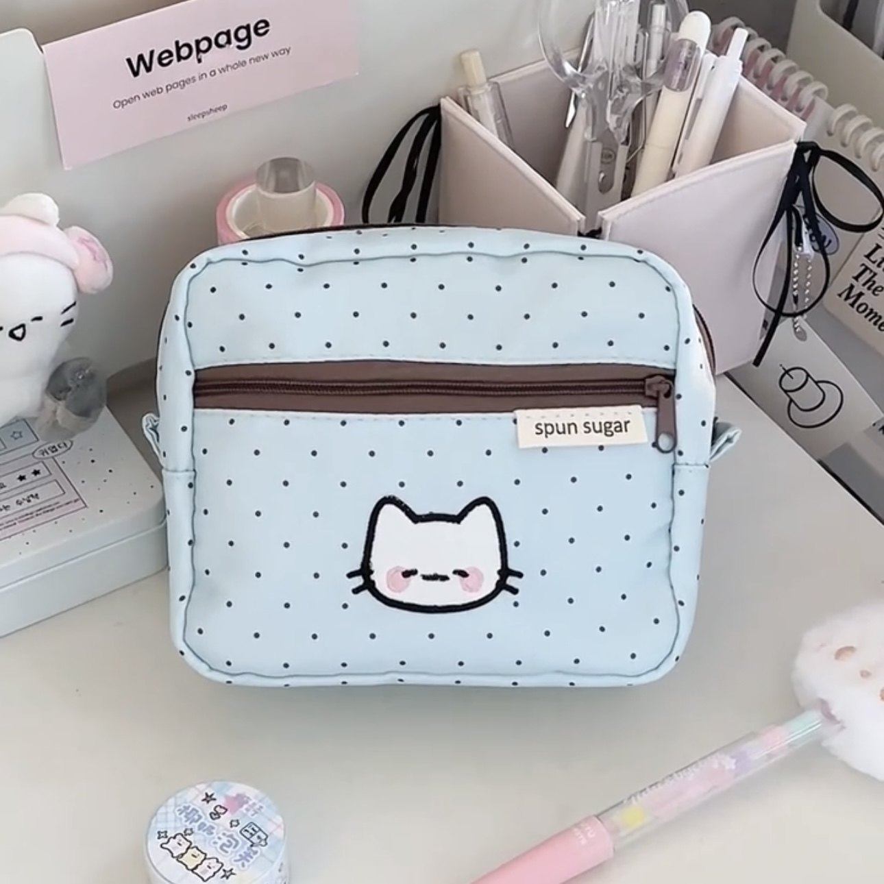 ins风薄荷小猫零钱包可爱波点卡包证件收纳包ccd相机包便携化妆包,文具电教/文化用品/商务用品,笔袋,淘宝优惠券,粉丝福利购,淘宝优惠卷