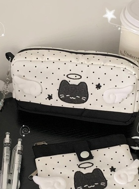 黑色波点天使恶魔猫咪笔袋高颜值容量学生文具收纳袋铅笔盒卡包