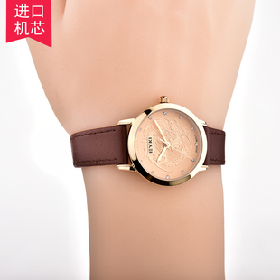 正品艾奇手表 女士凤凰浮雕超薄防水石英表 进口机芯皮带时尚女表