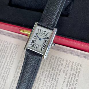 简单大气方形小表 坦克tank must女表 罗马黑色真皮小牛皮 中古表