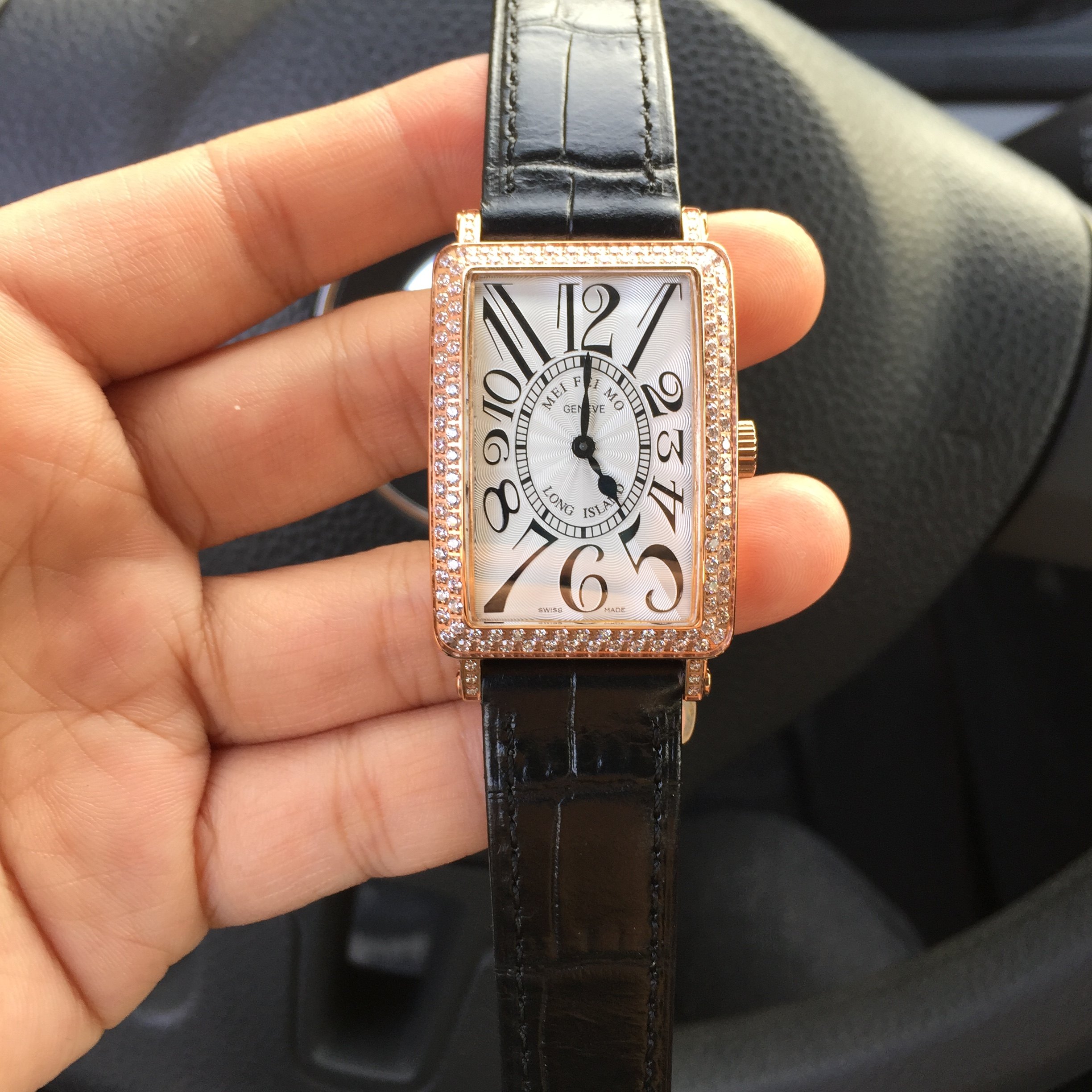 时尚法兰克long island长岛镶钻女表 真皮长方形腕表 fm手表