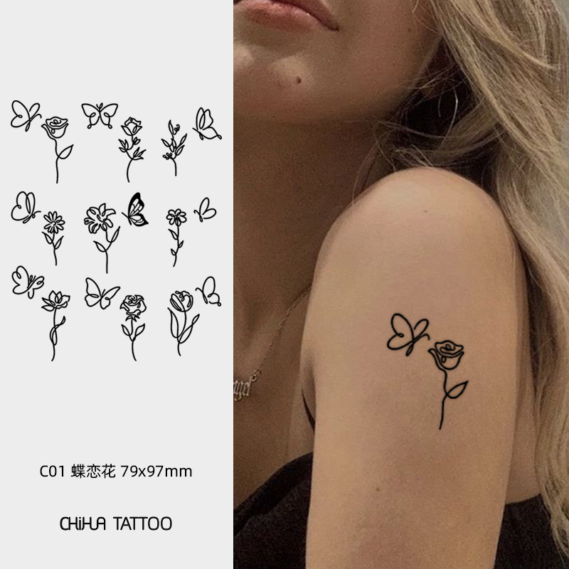 吃画少女 蝶恋花 草本小纹身贴防水持久半永久果汁甜美酷手指锁骨