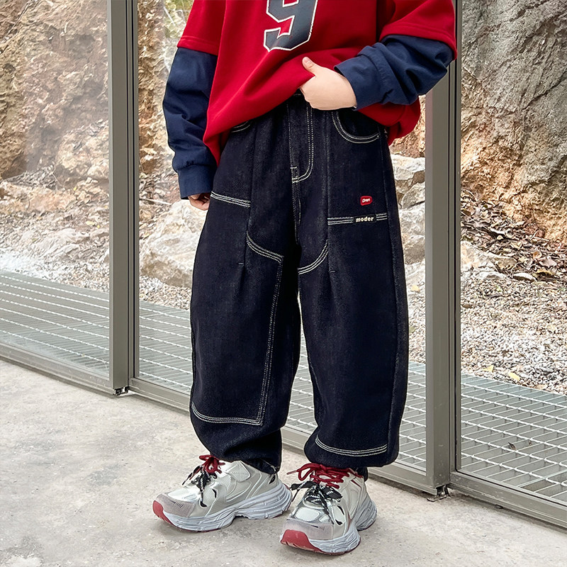 男童加绒牛仔裤冬季青少年一体绒工装裤洋气明线弯刀新年裤子