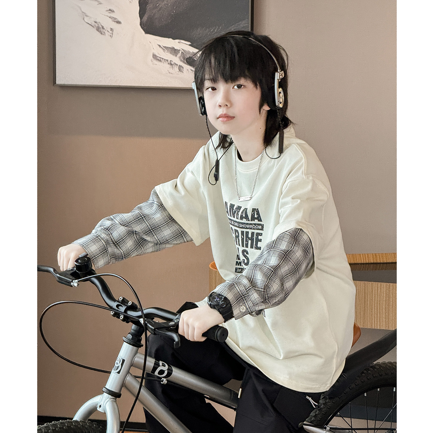 男童T恤长袖2026春装新款宽松中大童假两件上衣儿童洋气打底衫