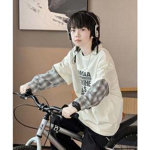 男童T恤长袖2026春装新款宽松中大童假两件上衣儿童洋气打底衫