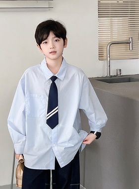 儿童简约衬衫长袖上衣2025新款男童蓝色衬衣开衫潮青少年领带外套