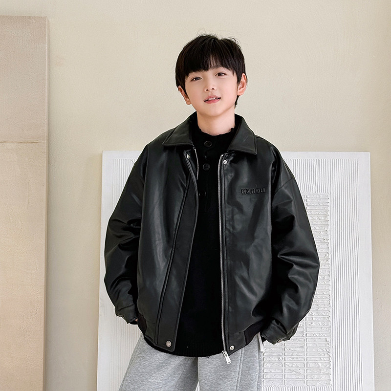 男童高质感复古PU皮衣儿童冬季加棉夹克中大童翻领棉衣外套潮