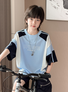 男童短袖2026夏季新款儿童复古撞色拼接上衣中大童宽松运动T恤薄