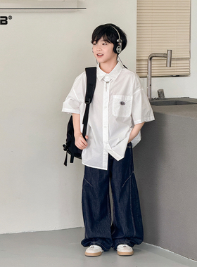 童装白色短袖衬衫男童夏季中大童衬衣半袖2025新款儿童学院上衣薄