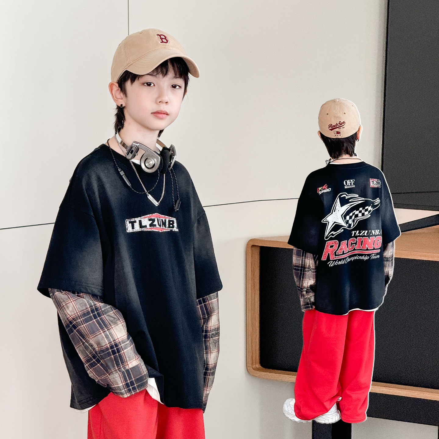 男童T恤长袖2025秋装新款潮儿童假两件上衣圆领纯棉中大童打底衫