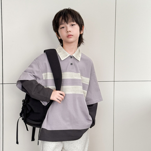 潮 男童卫衣2025秋装 新款 脏脏儿童长袖 T恤中大童假两件拼接polo衫