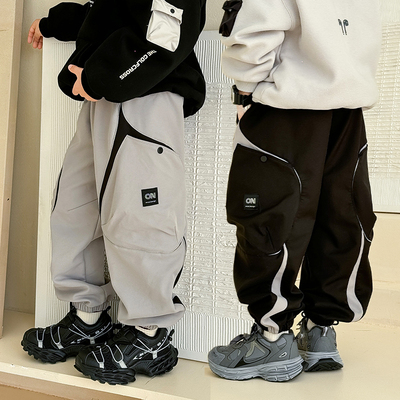 男童加绒束脚工装裤个性儿童拼接休闲裤青少年冬季保暖一体绒裤子