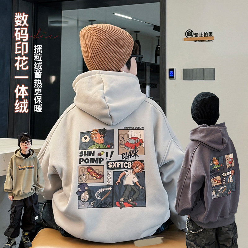 男童加绒卫衣冬装新款中大童连帽上衣韩版卡通儿童一体绒外套