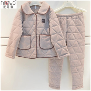 妮可雅冬季女睡衣特价清仓单面澳毛绒三层加厚夹棉简约保暖家居服