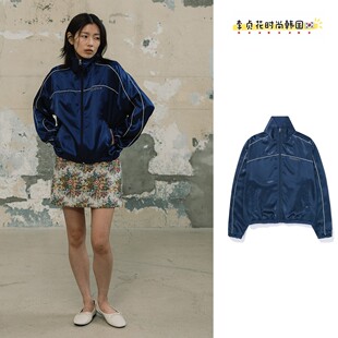 韩国直邮代购edenik缎面丝光蓝立领帅气工装服派克风衣外套夹克