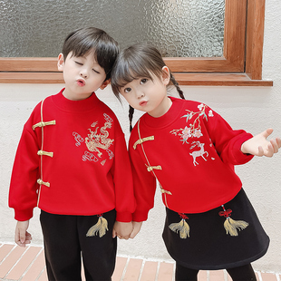 儿童过新年拜年服套装秋冬女童唐装汉服加绒中国风中小童演出服装