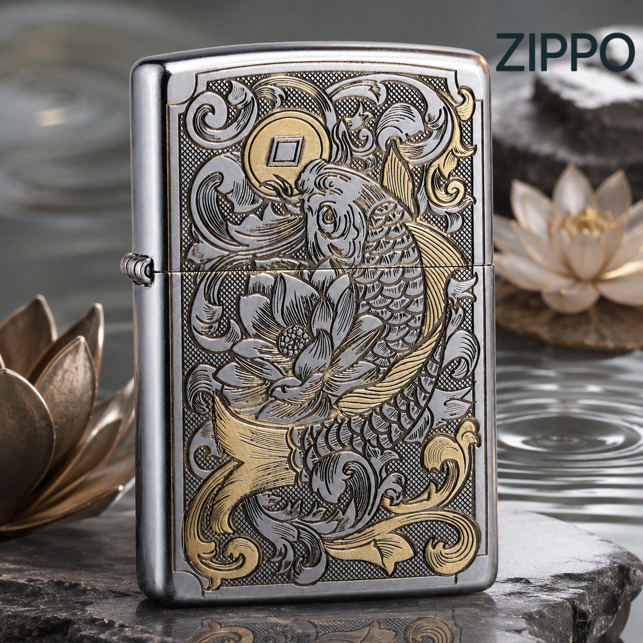 zippo 打火机金冰双色锦鲤莲花送男友礼物