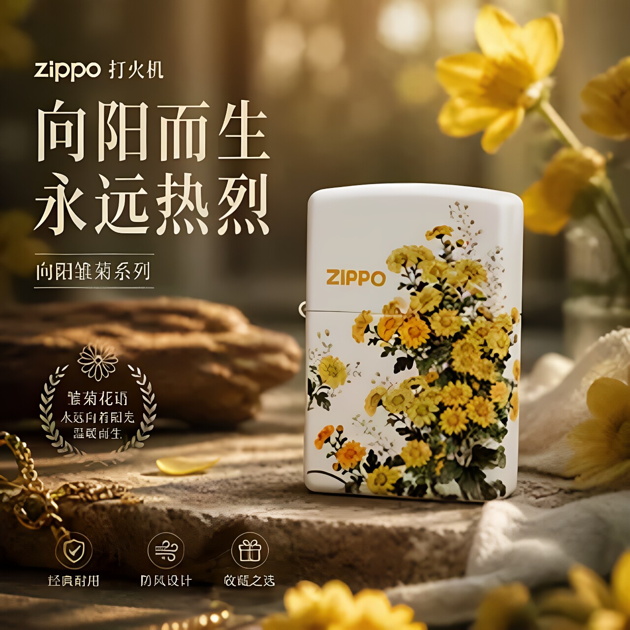 ZIPPO官方正版防风打火机向阳雏菊国潮风七夕送男友实用礼物