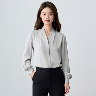 宽松百搭V领衬衣女秋季新款淑女气质职业工作服长袖衬衫套装