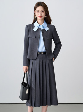 洋气小香风灰色西服套裙女2025早秋新款简约干练气质通勤长袖西装