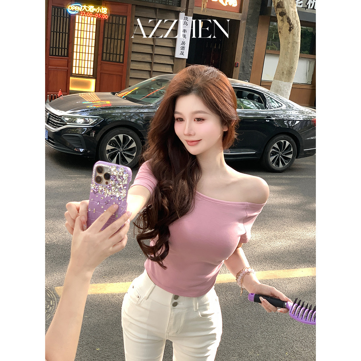 AZZHEN【舒适区】夏季粉色斜肩短袖T恤修身上衣女,女装/女士精品,T恤,淘宝优惠券,粉丝福利购,淘宝优惠卷