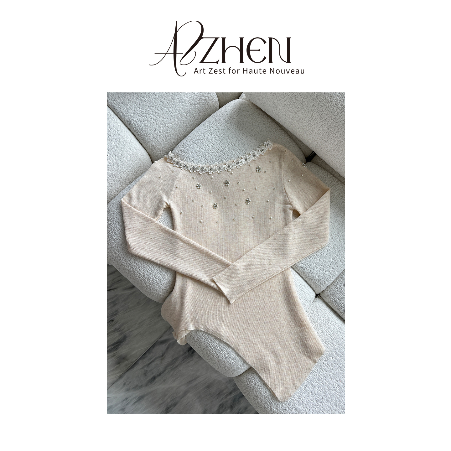AZZHEN【缪斯花坊】蕾丝斜肩手工钉珠长袖针织衫女秋飘带绑结上衣