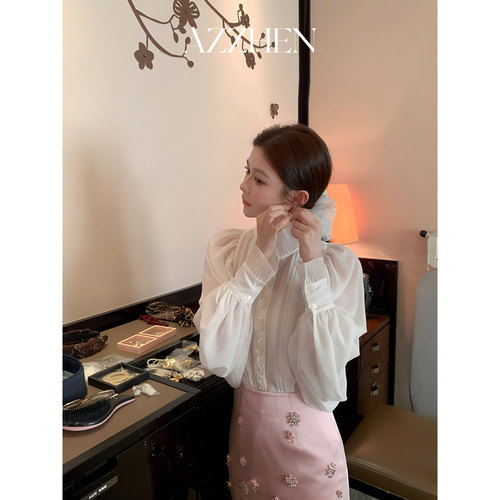 AZZHEN白月光法式复古飘带衬衫