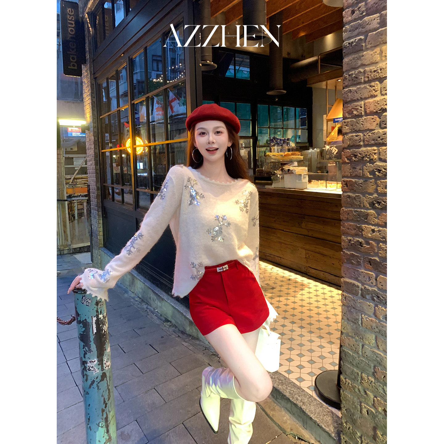 AZZHEN雪花花边亮片羊驼毛毛衣女