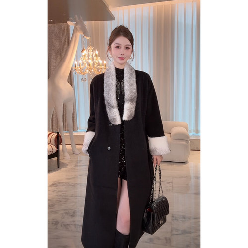 AZZHEN【雪境漫步】法式贵气领口袖口拼接水貂羊绒外套