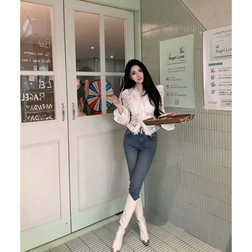 AZZHEN【漫天星河】冬季加绒烫钻高腰三粒扣女韩系修身小脚牛仔裤