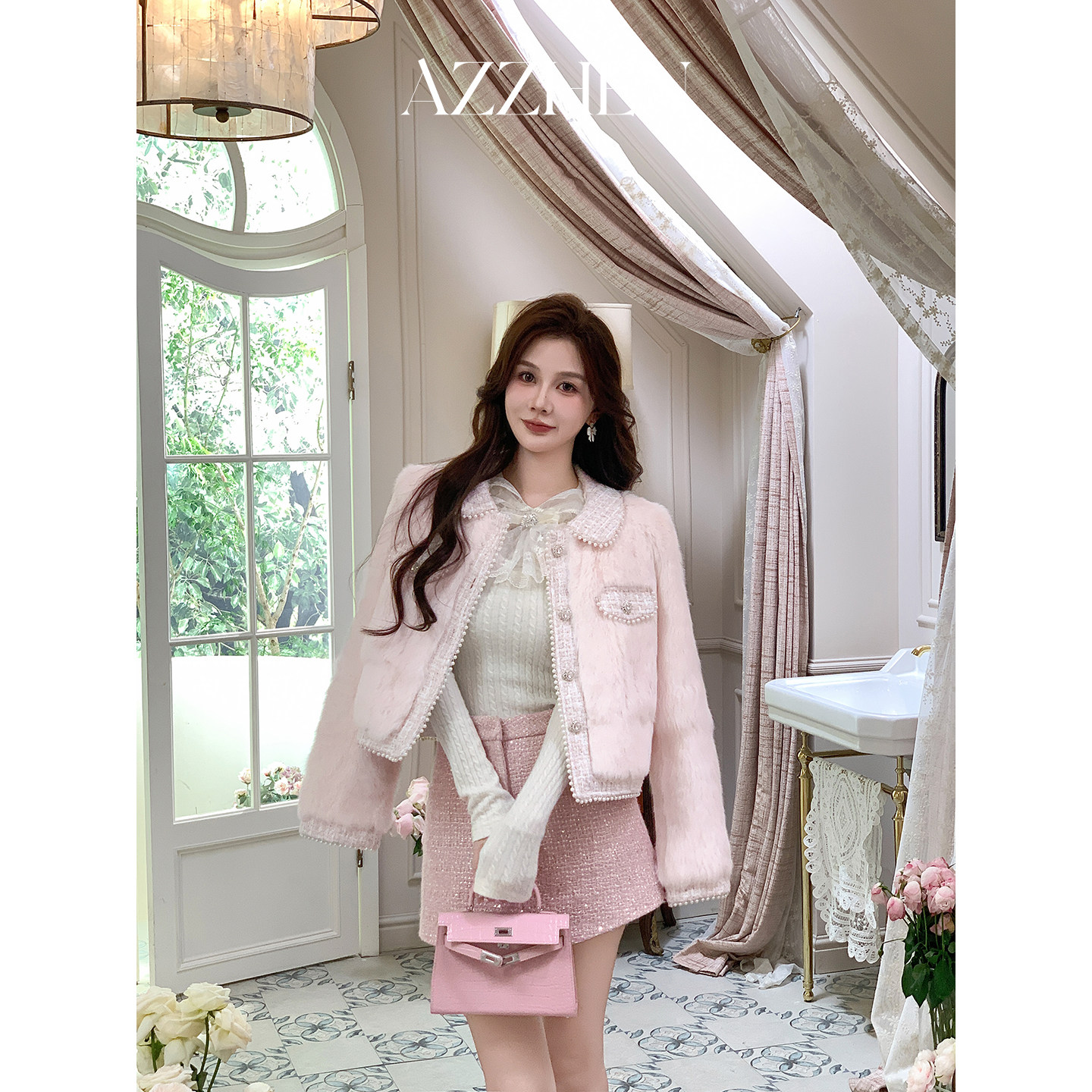 AZZHEN【假日晨曦】小香风兔毛短款珍珠领撞色法式高级感外套女,女装/女士精品,皮草,淘宝优惠券,粉丝福利购,淘宝优惠卷