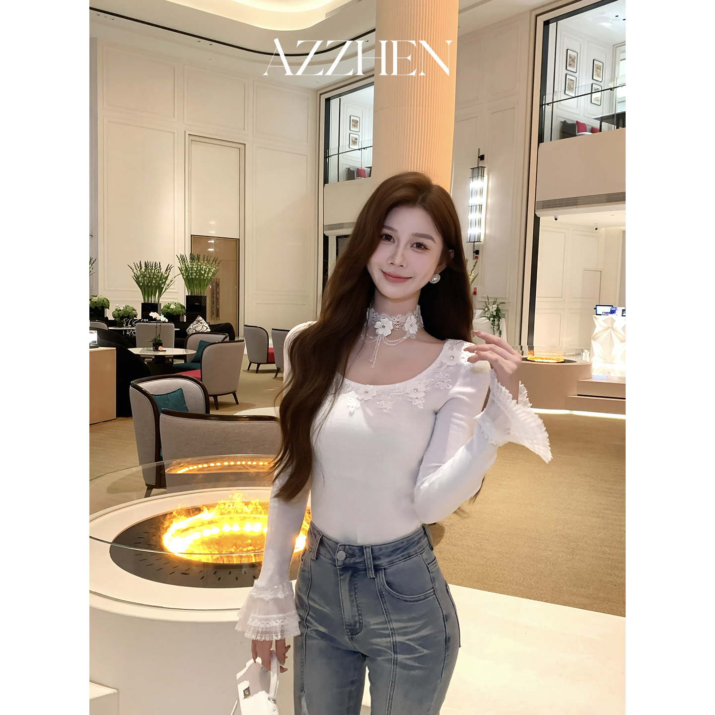 重工提花白色针织衫打底内搭长袖