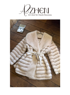 AZZHENAZZHEN【微光向暖】翻领系带收腰千金贵气皮毛一体皮草外套