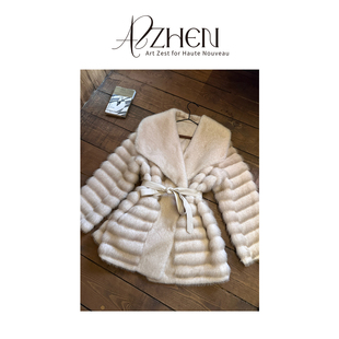 AZZHENAZZHEN 翻领系带收腰千金贵气皮毛一体皮草外套 微光向暖