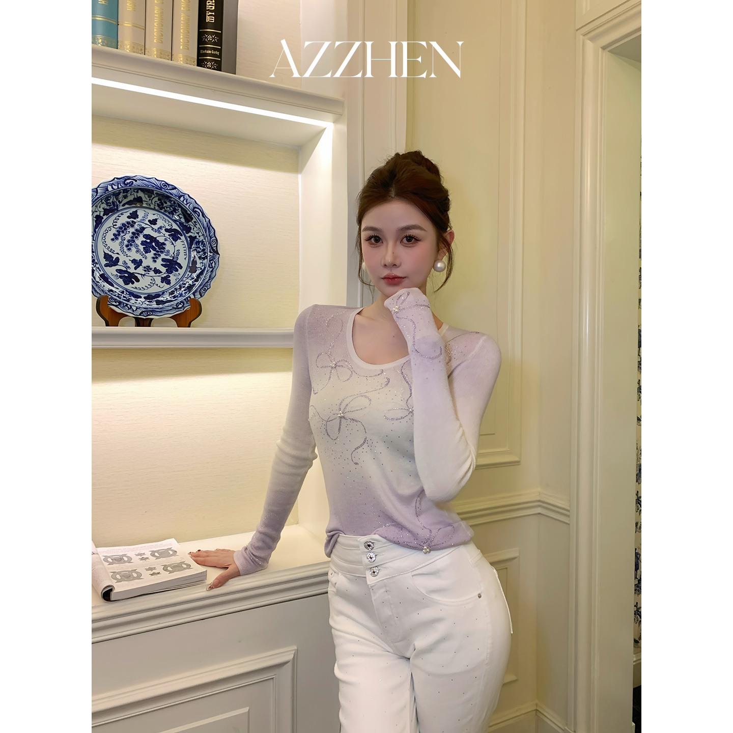 蝴蝶结烫钻打底衫渐变上衣