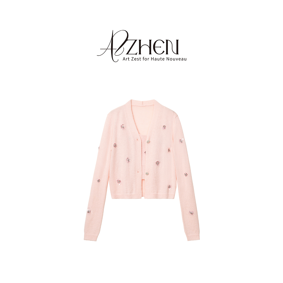 AZZHEN【蜜桃甜岛】法式高级感花朵粉色毛衣针织内搭两件套打底衫