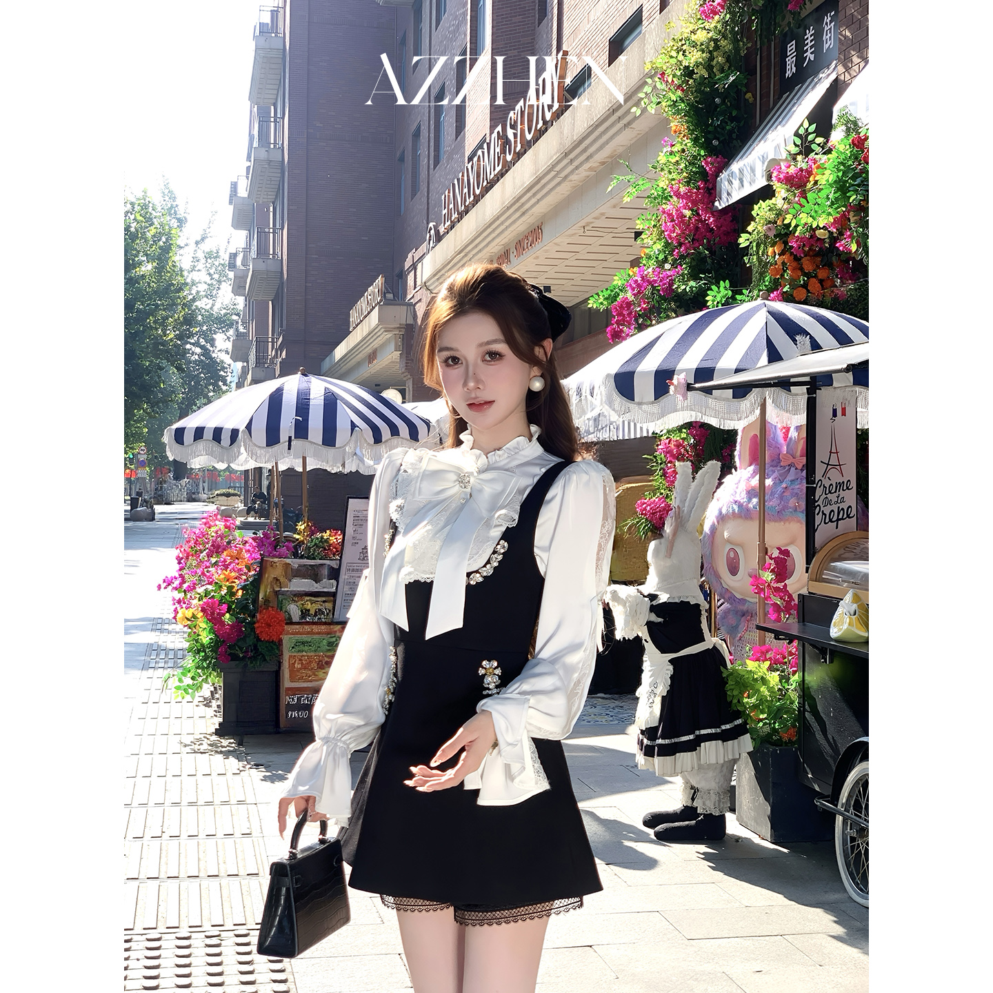 AZZHEN【星钻折角腰】小众别致设计感连衣裙带钻黑色吊带背带裙