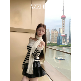 配飘带 AZZHEN 显瘦 甜美减龄一字肩翻领条纹修身 条纹艺术