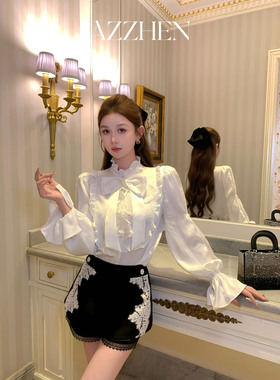 AZZHEN【甜心蔓蕾】高级感气质蕾丝荷叶领绑带可拆卸蝴蝶结衬衫女