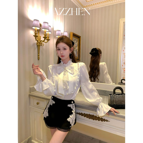 蕾丝荷叶领绑带可拆卸蝴蝶结衬衫