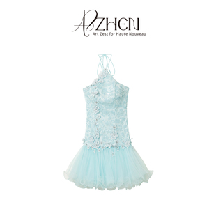 蓝色A字裙立体花朵珠片吊带连衣裙 夏季 AZZHEN 月光人鱼