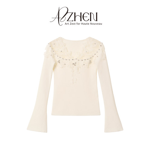 AZZHEN【梨花院落】法式纯欲重工钉珠蕾丝针织打底