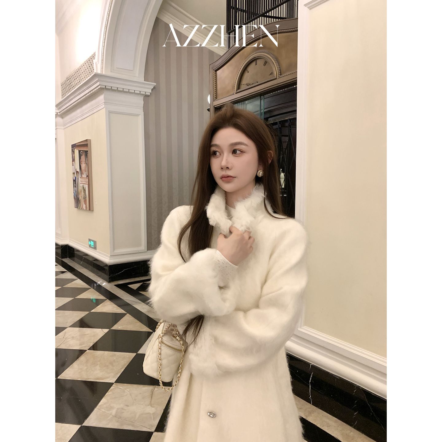 AZZHEN羊绒长款系带立领呢大衣