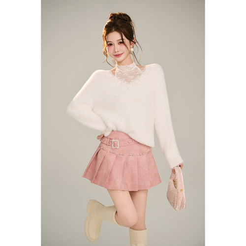 重工pu水晶百褶半裙女