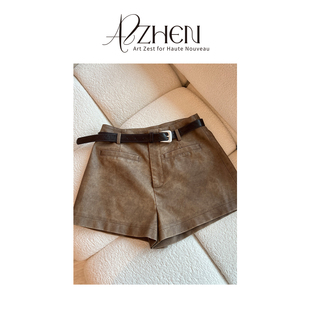 AZZHEN【富贵老钱】高腰显瘦百搭pu皮短裤女休闲裤（带腰带）