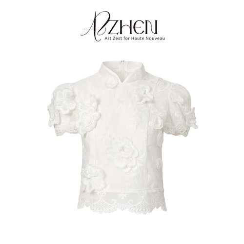 立领泡泡袖立体花朵衬衫女