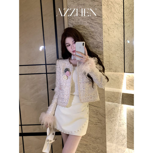 AZZHEN【香颂巴黎】秋重工设计感花纱香风鸵鸟毛外套小香风外套女