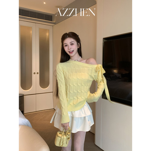 AZZHEN【奶黄甜心】斜肩绑带针织显瘦纯欲露肩麻花毛衣