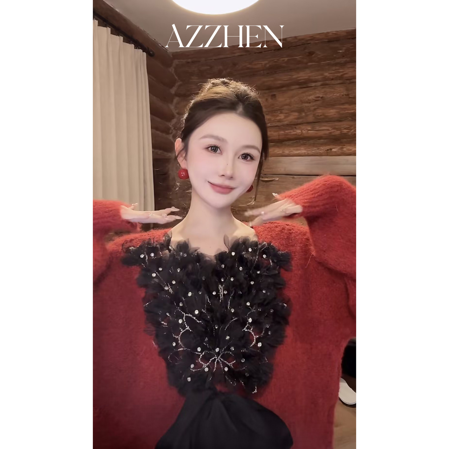 AZZHEN【繁花倾心】重工立体花朵蝴蝶结上衣露背圣诞氛围针织衫